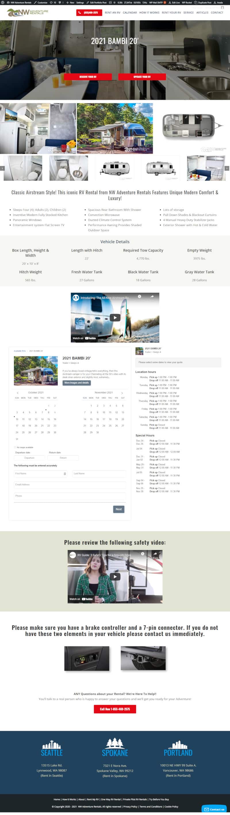 NW Adventure Rentals RV website vehicle page design